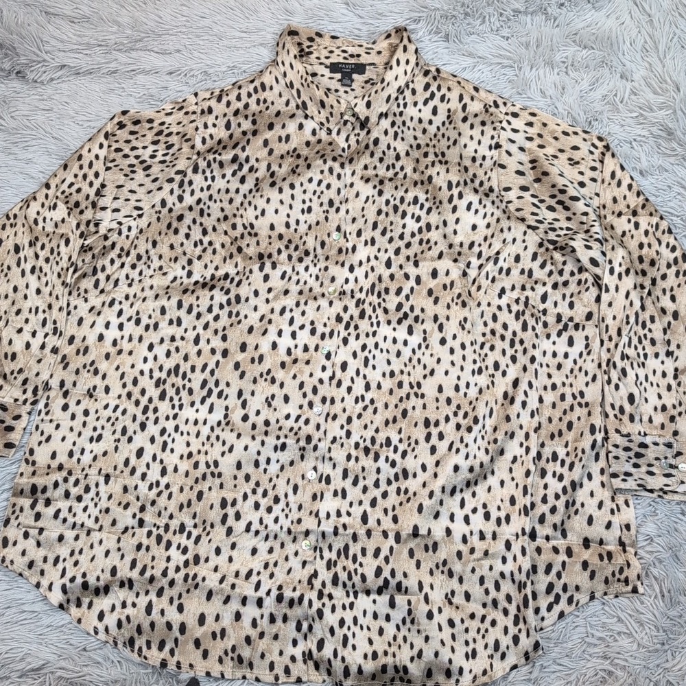 Haver London Shirt Womensβ 2X Biege Button Up Animal Print Top Comfort Casual